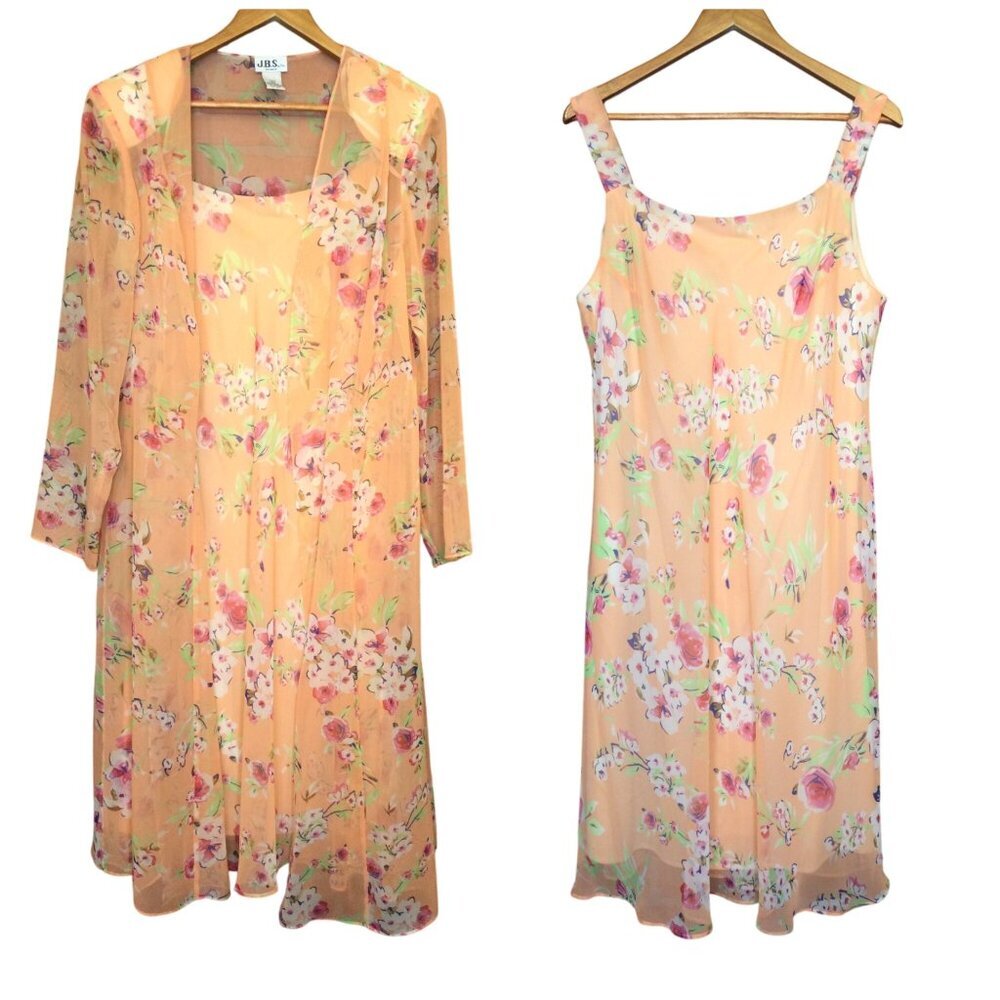 Vintage J B S Floral Sleeveless Dress & Sheer Cardigan Set Womens Size 18 W